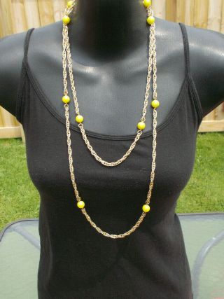 56 " Vintage Gold Tone Chain And Yellow Bead Extra Long Necklace