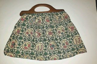 Vintage Bark Cloth Knitting Sewing Tote Bag Floral Vine Print Wood Handle