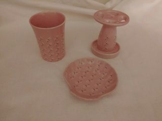 3pc Set Vtg Shabby Chic Pink Floral Toothbrush Holder Cup Dish Ychina Japan