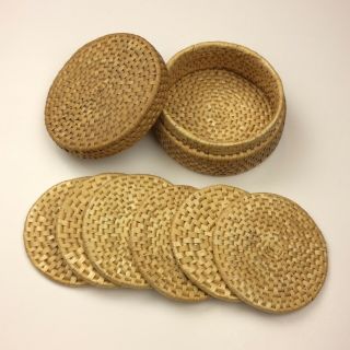 Set Of 6 Vintage Wicker Rattan Coasters With Woven Basket Holder