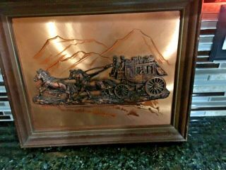 Vintage Us Mail Framed 3d Copper Art Horses And Wagon Rare
