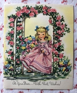 Vintage 1950s Pop - Up Get Well Card Little Girl Pink Ruffled Dress,  Flower Arbor