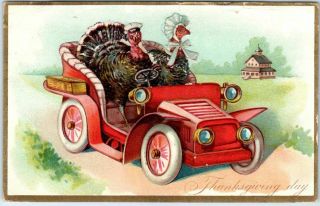 Vintage Thanksgiving Postcard Turkey Couple In Cool Red Automobile Tuck 