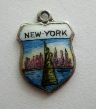 Vtg 800 Silver Enamel York City Travel Shield Bracelet Charm Statue Liberty