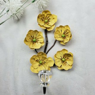 Vintage Glass Knob Bronze Metal Wall Hanging Coat Hook Towel Purse Yellow Flower