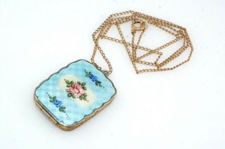 Vintage Guilloche Enamel Floral Gold Filled Locket Pendant Necklace W Clover