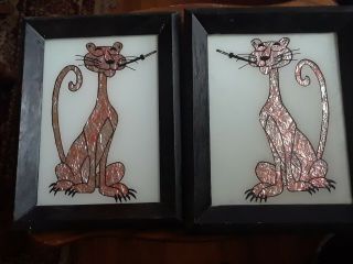 Set Of 2 Vintage Pink Panther Framed Pictures Glass And Foil Rare Mid Century