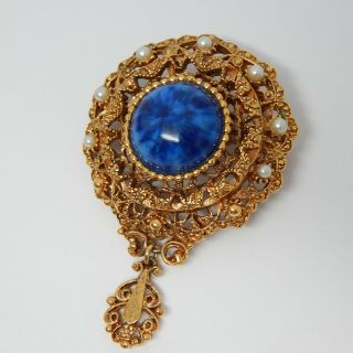 Estruscan Revival Blue Lapis Glass Pearl Cabochon Gold - P Pin 2.  5 " Vtg Earrings