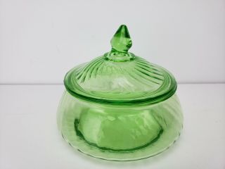 Vintage Anchor Hocking Depression Glass Green Swirl Covered Dish Candy Nuts