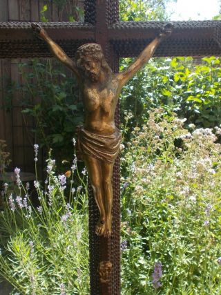 Xlarge 19th Century Antique Tramp Art Crucifix 23.  62 "