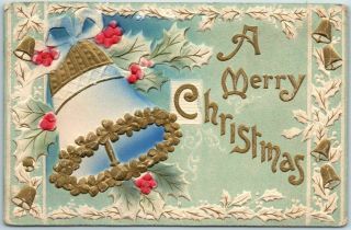 Vintage Merry Christmas Embossed Postcard Air - Brushed Bell & Holly C1910s