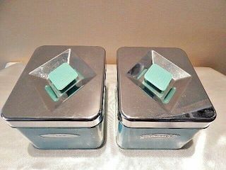 1950 ' s Vintage Masterware Chrome Teal coffee and tea canisters 2