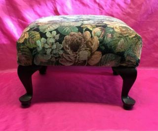 Vintage Mahogany Foot Stool Queen Anne Legs Floral Fabric Top - Small Size