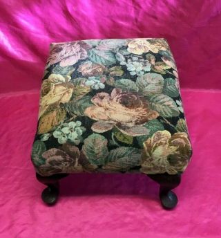 VINTAGE MAHOGANY FOOT STOOL QUEEN ANNE LEGS FLORAL FABRIC TOP - SMALL SIZE 2