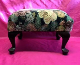 VINTAGE MAHOGANY FOOT STOOL QUEEN ANNE LEGS FLORAL FABRIC TOP - SMALL SIZE 3
