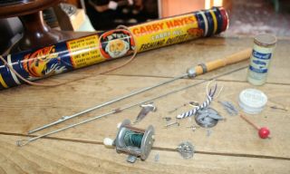 Vintage Gabby Hayes Kids Boys Fishing Outfit Tin Pole & Contents Toy