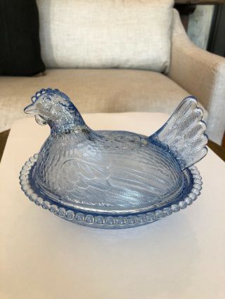 Vintage Indiana Glass Co Hen On Nest 7” Light Blue Candy Dish Beaded Nest