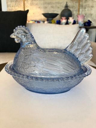 Vintage Indiana Glass Co Hen On Nest 7” Light Blue Candy Dish Beaded Nest 2