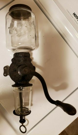 Antique Arcade Crystal Coffee Grinder Mill No.  3 Wall Mount Mill W/ Catch Cup