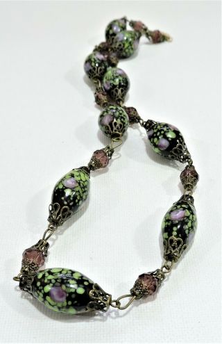Vintage Black With Lavender Roses Lampwork Art Glass Bead Necklace No19215