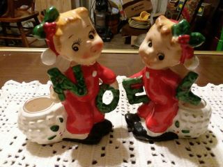 Vintage Japan Christmas Commodore Noel Candle Holder Boy And Girl 1950s