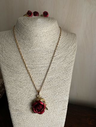 Vintage Red Rose Pendant,  Ring And Clip - On Earring Set