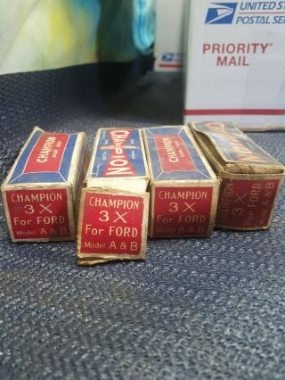4 Vintage Nos Champion 3x Spark Plugs In Boxes Ford Models A,  B