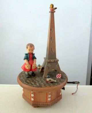 Vintage Anri Hand Carved Wood Thorens Music Box Eiffel Tower Switzerland