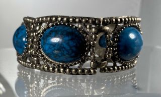Vintage Heavy Deep Turquoise Stones On Ornate Silver Clasp Bracelet