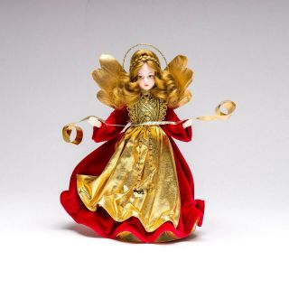 Vtg Handarbeit Drozd Angel Christmas Tree Topper Wax Head Arms Germany Red Gold