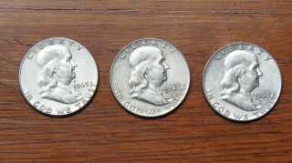 3 Franklin Liberty Half Dollars 1963 - Vintage U.  S.  Currency Coins