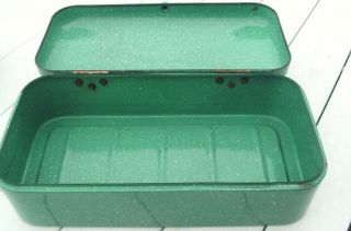 Vintage 1950 ' s Green White Speckle Porcelain Enamel Graniteware Bread Box 3