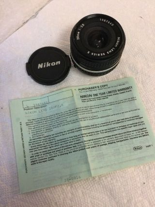 Vintage Nikon Lens Series E 28mm 2.  8 Serial Number 1987640 - Fine