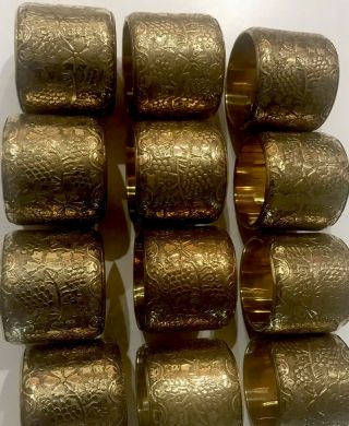 Brass Gold Toned Vintage Napkin Rings Set Of (12) Ornate Vines Floral Leaves