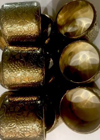 Brass Gold Toned Vintage Napkin Rings Set Of (12) Ornate Vines Floral Leaves 3
