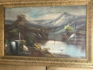 Huge Antique " Boat And Landscape Scene " Oil Painting 5 - Framed - For Restoration