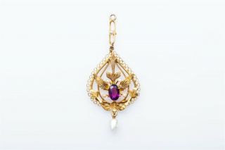 Antique Victorian 1890.  50ct Natural Ruby Pearl 14k Yellow Gold Lavalier Pendant