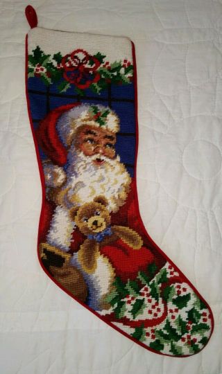 Vintage Christmas Stocking Needlepoint 20 " Santa With Teddy Bear Needle Point