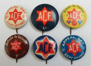 6 Vintage Tin Back Badges.  