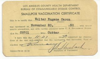 Vintage 1950 Small Pox Vaccination Certificate Los Angeles California