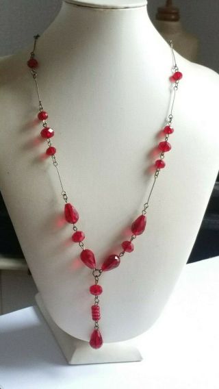Czech Red Drop Faceted Glass Bead Tassel Necklace Vintage Deco Style
