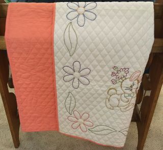 Handmade Hand - Quilted Baby Quilt W Vintage Looking Embroidered Anibal