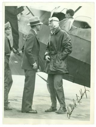 Pilot Col.  Charles Lindbergh Signed 1931 Press Photo Lindy Standing By Aircraft