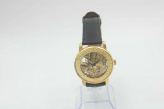 Vintage Le Baron Gold Skeleton Mechanical Wrist Watch Black Band