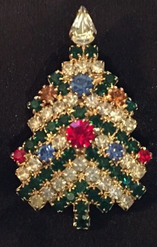 Vintage Gold Tone Rhinestone Christmas Tree Brooch Pin