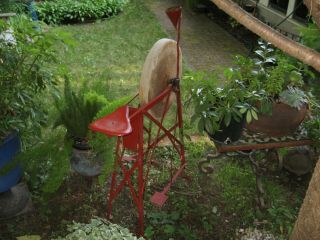 18 " Antique Grinding Stone Pedal Wheel W/ Seat Sharpener Red Paint Blacksmith