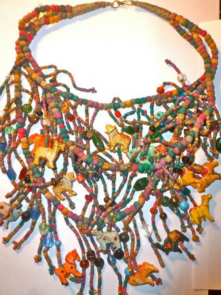 Africa Animal Wood Charms Vtg Multi Layer Silk Trade Bead Stunning Long Necklace