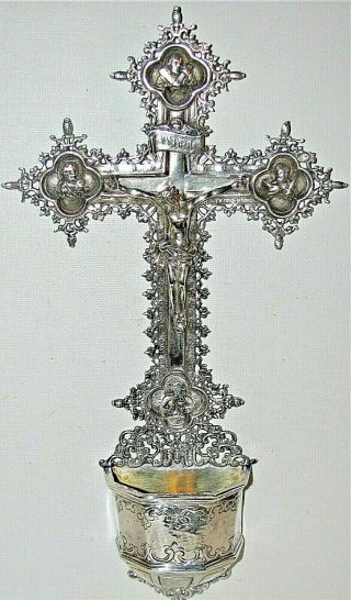 Antique Sterling Silver Spain Spanish Crucifix Holy Water Font Hallmarked 8.  9 Oz