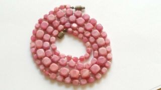 Czech Vintage Art Deco Long Graduated Satin Pink Cube Glass Bead Necklace 2