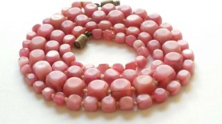 Czech Vintage Art Deco Long Graduated Satin Pink Cube Glass Bead Necklace 3